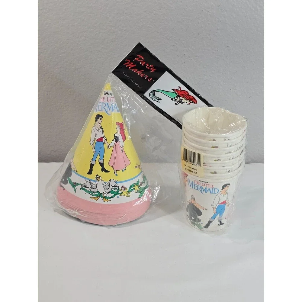 Vintage 90s Disney Little Mermaid Set Of 8 Party Hats & Cups